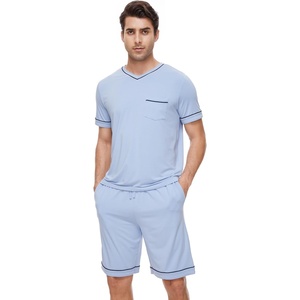 image:imageWiWi Viscose from Bamboo Loose Comfy Pajamas Set for Men Soft Summer Short Sleeve Sleepwear SXXLIce Blue