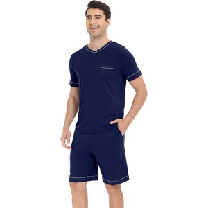 image:imageWiWi Viscose from Bamboo Loose Comfy Pajamas Set for Men Soft Summer Short Sleeve Sleepwear SXXLNavy