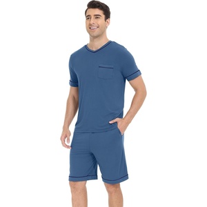 image:imageWiWi Viscose from Bamboo Loose Comfy Pajamas Set for Men Soft Summer Short Sleeve Sleepwear SXXLPrussian Blue