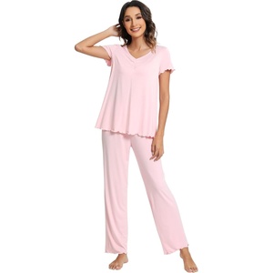image:imageWiWi Viscose from Bamboo Pajama Sets for Women Super Soft Pjs Short Sleeve with Pants Cooling Sleepwear Loungewear SXXLApink