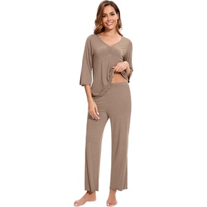 image:imageWiWi Viscose from Bamboo Pajama Sets for Women Super Soft Pjs Short Sleeve with Pants Cooling Sleepwear Loungewear SXXLDcamel