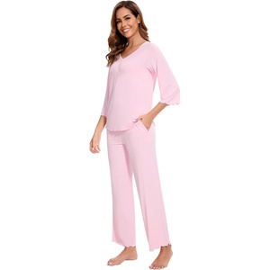 image:imageWiWi Viscose from Bamboo Pajama Sets for Women Super Soft Pjs Short Sleeve with Pants Cooling Sleepwear Loungewear SXXLDpink