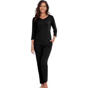 image:imageWiWi Viscose from Bamboo Womens Cute Pajamas Set 34 Sleeve Vneck Sets Moisture Pjs SXXLBlack