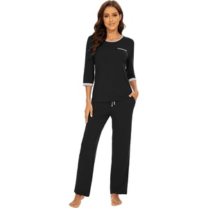 image:imageWiWi Viscose from Bamboo Womens Pajamas Set Super Soft 34 Sleeve Tops and Pants Sleepwear Cooling Pjs with Pockets SXXLBlack