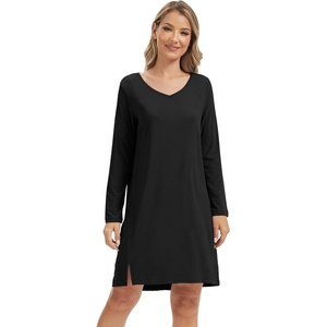 image:imageWiWi Womens Nightgown Soft Ribbed Long Sleeve Nightshirt Bamboo Viscose VNeck Sleepwear Casual Sleep Shirt SXXLBlack