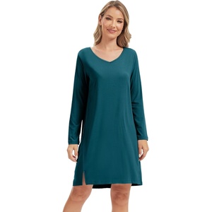 image:imageWiWi Womens Nightgown Soft Ribbed Long Sleeve Nightshirt Bamboo Viscose VNeck Sleepwear Casual Sleep Shirt SXXLBlue Opal