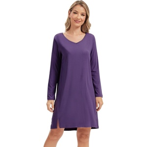 image:imageWiWi Womens Nightgown Soft Ribbed Long Sleeve Nightshirt Bamboo Viscose VNeck Sleepwear Casual Sleep Shirt SXXLDark Purple