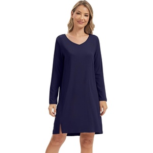 image:imageWiWi Womens Nightgown Soft Ribbed Long Sleeve Nightshirt Bamboo Viscose VNeck Sleepwear Casual Sleep Shirt SXXLNavy