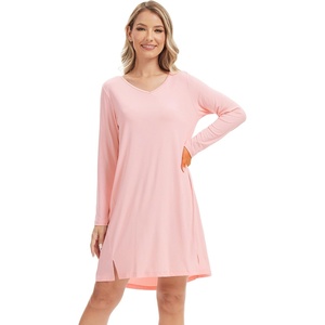 image:imageWiWi Womens Nightgown Soft Ribbed Long Sleeve Nightshirt Bamboo Viscose VNeck Sleepwear Casual Sleep Shirt SXXLPeach Pink