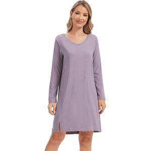image:imageWiWi Womens Nightgown Soft Ribbed Long Sleeve Nightshirt Bamboo Viscose VNeck Sleepwear Casual Sleep Shirt SXXLPurple Sage