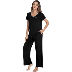 image:imageWiWi Womens Pajama Set Short Sleeve Top and Long Pants with Pockets Rayon Sleepwear Soft V Neck 2 Piece Pajamas SXXLBlack