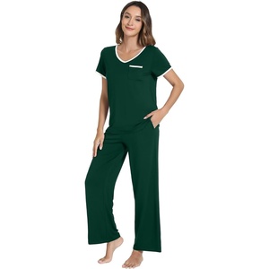 image:imageWiWi Womens Pajama Set Short Sleeve Top and Long Pants with Pockets Rayon Sleepwear Soft V Neck 2 Piece Pajamas SXXLFence Green