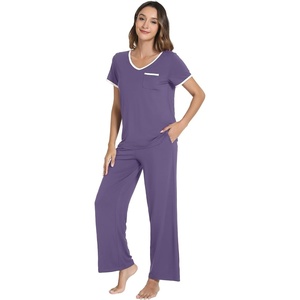 image:imageWiWi Womens Pajama Set Short Sleeve Top and Long Pants with Pockets Rayon Sleepwear Soft V Neck 2 Piece Pajamas SXXLLavender