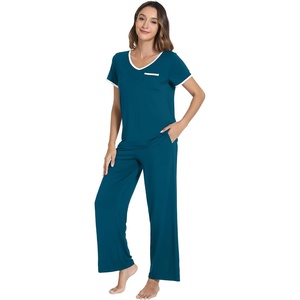 image:imageWiWi Womens Pajama Set Short Sleeve Top and Long Pants with Pockets Rayon Sleepwear Soft V Neck 2 Piece Pajamas SXXLPeacock Blue