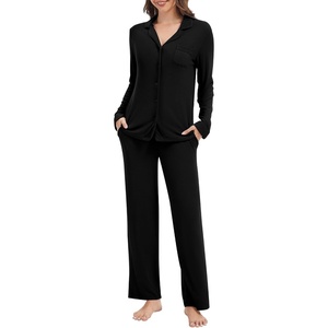 image:imageWiWi Womens Pajama Set Soft Ribbed Lounge Sets Long Seeve Sleepwear Button Down Pants Warm Nightwear PJs SXXLBlack