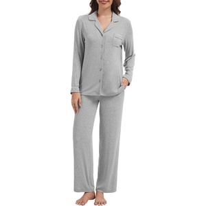 image:imageWiWi Womens Pajama Set Soft Ribbed Lounge Sets Long Seeve Sleepwear Button Down Pants Warm Nightwear PJs SXXLHeather Grey