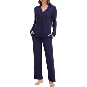 image:imageWiWi Womens Pajama Set Soft Ribbed Lounge Sets Long Seeve Sleepwear Button Down Pants Warm Nightwear PJs SXXLNavy Blue