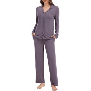 image:imageWiWi Womens Pajama Set Soft Ribbed Lounge Sets Long Seeve Sleepwear Button Down Pants Warm Nightwear PJs SXXLPurplish Grey