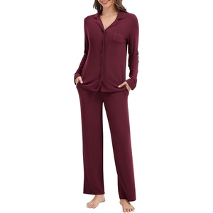 image:imageWiWi Womens Pajama Set Soft Ribbed Lounge Sets Long Seeve Sleepwear Button Down Pants Warm Nightwear PJs SXXLWine Red