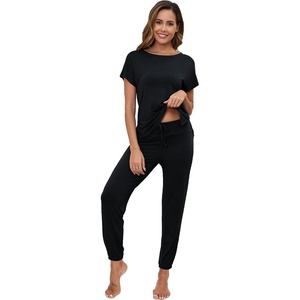 image:imageWiWi Womens Pajama Sets Short Sleeve Sleepwear Top and Jogger Pants Pjs 2 Piece Lounge Sets Viscose from Bamboo SXXLBlack