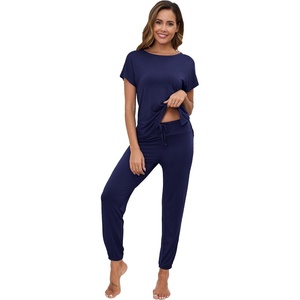 image:imageWiWi Womens Pajama Sets Short Sleeve Sleepwear Top and Jogger Pants Pjs 2 Piece Lounge Sets Viscose from Bamboo SXXLNavy