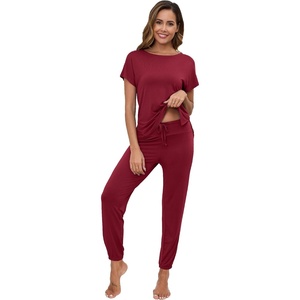 image:imageWiWi Womens Pajama Sets Short Sleeve Sleepwear Top and Jogger Pants Pjs 2 Piece Lounge Sets Viscose from Bamboo SXXLWine