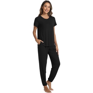 image:imageWiWi Womens Pajamas Soft Short Sleeve Shirt Jogger Pants Pajama Set for Women Scoop Neck Pjs Rayon Loungewear SXXLBlack