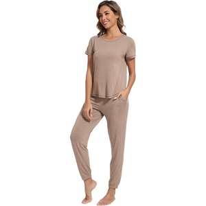 image:imageWiWi Womens Pajamas Soft Short Sleeve Shirt Jogger Pants Pajama Set for Women Scoop Neck Pjs Rayon Loungewear SXXLCamel