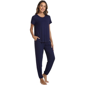 image:imageWiWi Womens Pajamas Soft Short Sleeve Shirt Jogger Pants Pajama Set for Women Scoop Neck Pjs Rayon Loungewear SXXLNavy