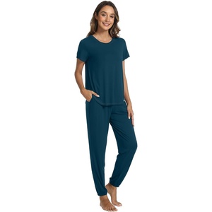 image:imageWiWi Womens Pajamas Soft Short Sleeve Shirt Jogger Pants Pajama Set for Women Scoop Neck Pjs Rayon Loungewear SXXLPeacock Blue