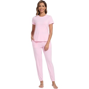 image:imageWiWi Womens Pajamas Soft Short Sleeve Shirt Jogger Pants Pajama Set for Women Scoop Neck Pjs Rayon Loungewear SXXLPink