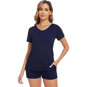image:imageWiWi Womens Short Sleeve Pajama Sets Casual V Neck 2 Piece Sleepwear Soft Viscose from Bamboo Shorts Pj Set SXXLNavy