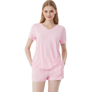 image:imageWiWi Womens Short Sleeve Pajama Sets Casual V Neck 2 Piece Sleepwear Soft Viscose from Bamboo Shorts Pj Set SXXLPink