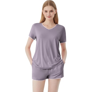 image:imageWiWi Womens Short Sleeve Pajama Sets Casual V Neck 2 Piece Sleepwear Soft Viscose from Bamboo Shorts Pj Set SXXLPurplish Grey