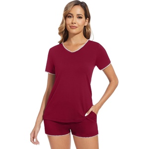 image:imageWiWi Womens Short Sleeve Pajama Sets Casual V Neck 2 Piece Sleepwear Soft Viscose from Bamboo Shorts Pj Set SXXLWine