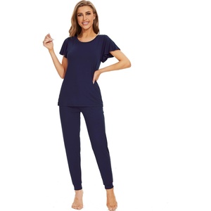 image:imageWiWi Womens Short Sleeve Pajama Sets Viscose from Bamboo Pajamas Soft Sleepwear Long Jogger Pants Loungewear SXXLNavy