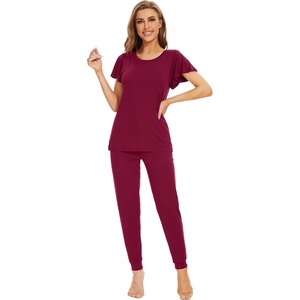 image:imageWiWi Womens Short Sleeve Pajama Sets Viscose from Bamboo Pajamas Soft Sleepwear Long Jogger Pants Loungewear SXXLWine