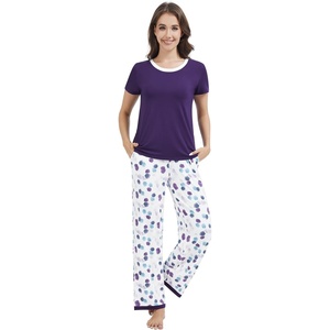 image:imageWiWi Womens Short Sleeve Pajama Sets Viscose from Bamboo Sleepwear Ladies Soft Loungewear Set Pjs with Pockets SXXLDark Purple Dots