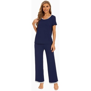 image:imageWiWi Womens Short Sleeve Pajama Sets Viscose from Bamboo Sleepwear Ladies Soft Loungewear Set Pjs with Pockets SXXLNavy