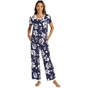 image:imageWiWi Womens Short Sleeve Pajama Sets Viscose from Bamboo Sleepwear Ladies Soft Loungewear Set Pjs with Pockets SXXLNavy Floral