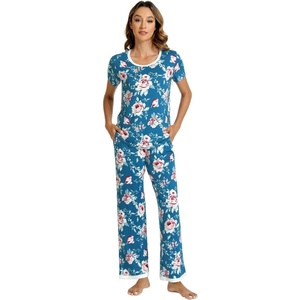 image:imageWiWi Womens Short Sleeve Pajama Sets Viscose from Bamboo Sleepwear Ladies Soft Loungewear Set Pjs with Pockets SXXLTeal BluePeony