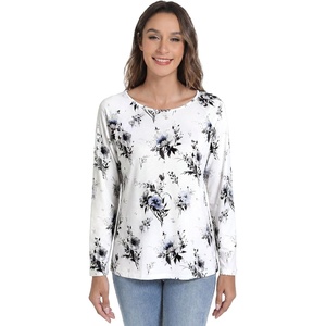 image:imageWiWi Womens Viscose from Bamboo Pajama Tops Soft Basic Sleep Shirt Loose Long Sleeves TShirt Loungewear SXXLAink Flowers on White